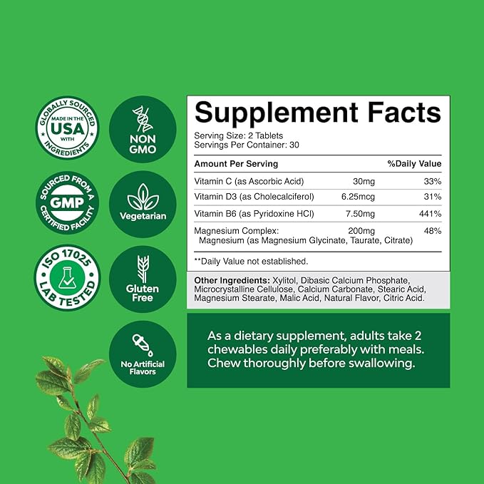 Sugar Free Magnesium Glycinate Chewable - Chewable Magnesium for Adults &amp Kids with Glycinate Taurate &amp Citrate Complex Plus Vitamins D3 B6 &amp C - Vegetarian Non-GMO &amp No Artificial Fla