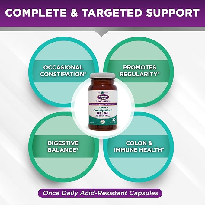 Vital Planet - Intense Care Colon &amp Constipation Probiotics Prebiotics Postbiotics Parabiotics 4-in-1 Refrigerated Supplement for Adults 65 Billion CFU 66 Strains Digestive and Immune 30 c