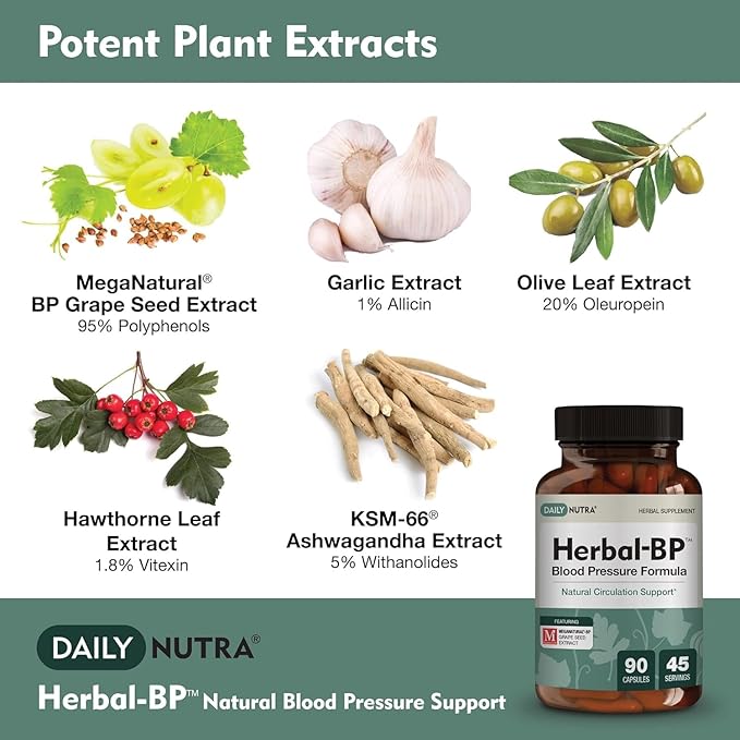 Herbal-BP Natural Blood Pressure Supplement - Supports Circulatory Health | Featuring Grape Seed Extract Garlic Hawthorn Olive Leaf &amp Ashwagandha for Long-Term Support (3-Pack)