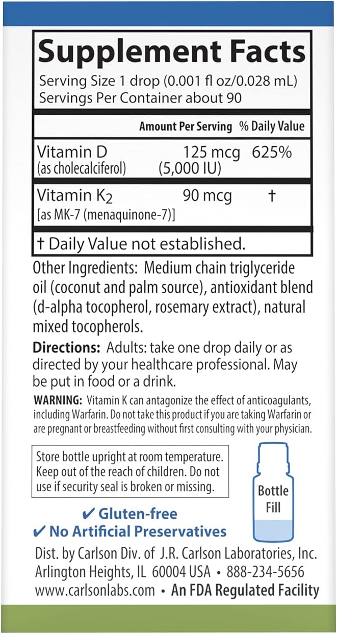 Carlson - Super Daily D3 + K2 125 mcg (5000 IU) Vitamin D3 90 mcg Vitamin K2 as MK-7 Bone Support 90 Liquid Drops (2.54 mL)