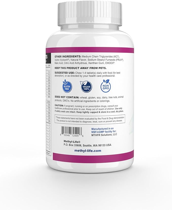 Methyl-Life® Methylated Multivitamin – Chewable Multi with Active Folate (Cerebrofolate®) &amp B12 – High Absorption Vegan Non-GMO Gluten-Free | 120 Tablets