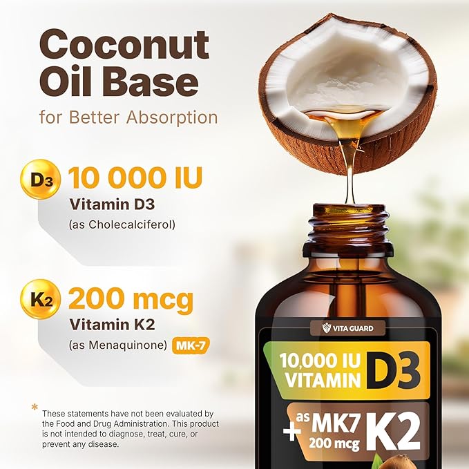 (2 Pack) Vitamin D3 K2 Liquid Drops 10000 IU + 200 mcg MK-7 – High Absorption Sugar-Free Non-GMO Bone &amp Immune Booster Vegan Supplement with Coconut Oil – 60 ml (2 oz)