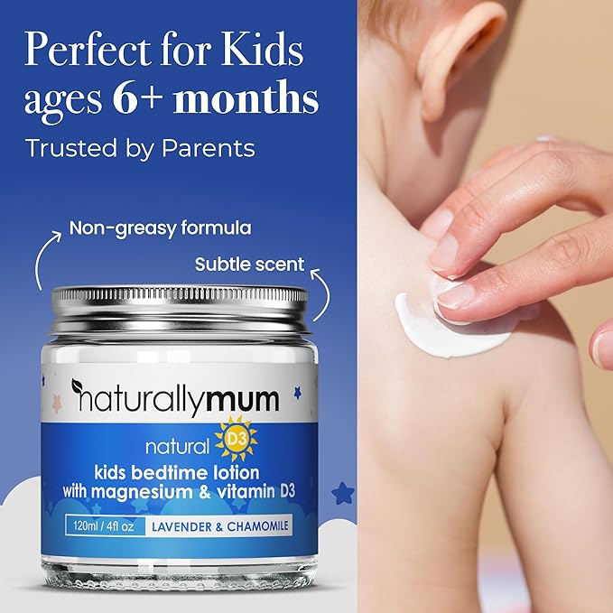 NaturallyMum Kids Magnesium Bedtime Lotion with Vitamin D | Support for Sleep Heart Bone Nerve Gut and Muscle Health | Alternative to Melatonin | Lavender &amp Chamomile 4.2 fl oz