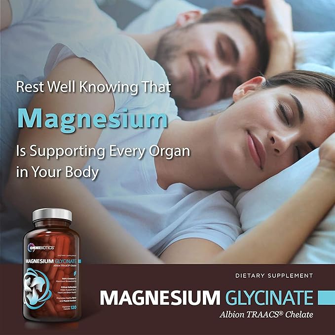 OmniBiotics Magnesium Glycinate Supplement – with 100% Pure Albion TRAACS Bisglycinate Chelate for Sleep Muscle Nerve &amp Heart Health – 120 Vegan Capsules