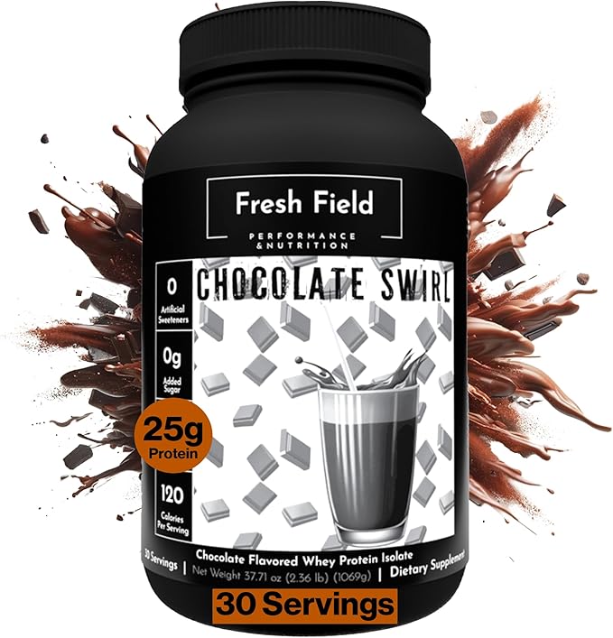 Fresh Field Chocolate Protein Powder - 25g Whey Protein Isolate Gluten-Free &amp Soy-Free Sugar-Free 30 Servings - Natural Whey Protein Powder for Workout Fitness &amp Nutrition Shakes - 2.36 lb