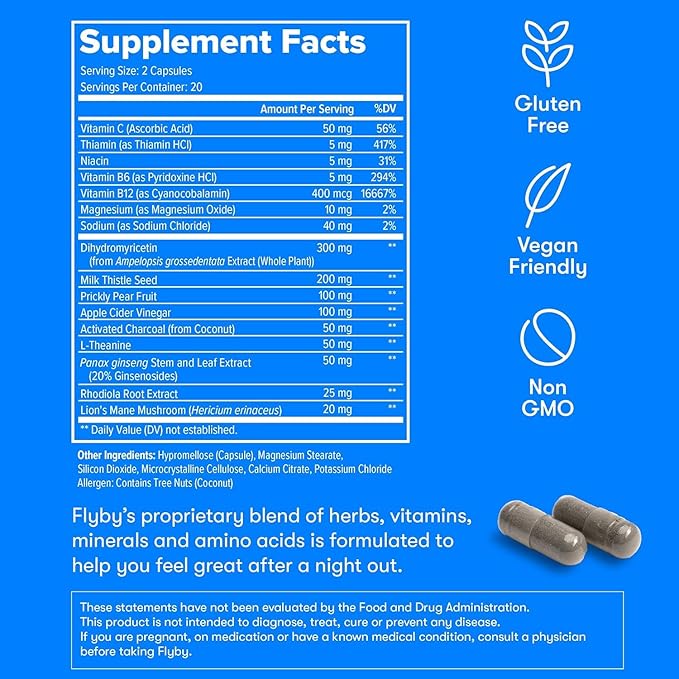 Flyby Recovery Supplement - All The Hang Without The Over!™ - with Milk Thistle Vitamin C Activated Charcoal and Apple Cider Vinegar - Pre &amp Post Drinking Formula (120 Count)