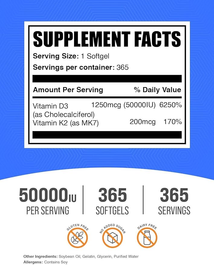 BulkSupplements.com Vitamin D3 50000IU + Vitamin K2 200mcg Softgels - 365 Count (Pack of 1)