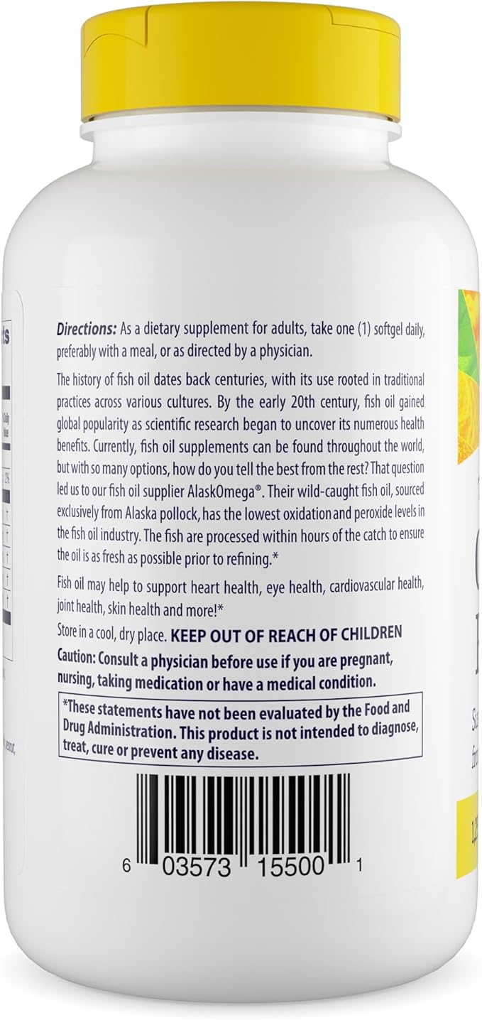 Healthy Origins Triple Strength Omega 3 Fish Oil 1250mg from Wild Alaska Pollock with DHA EPA &amp Omega 3s Gluten-Free Non-GMO 180 Softgels