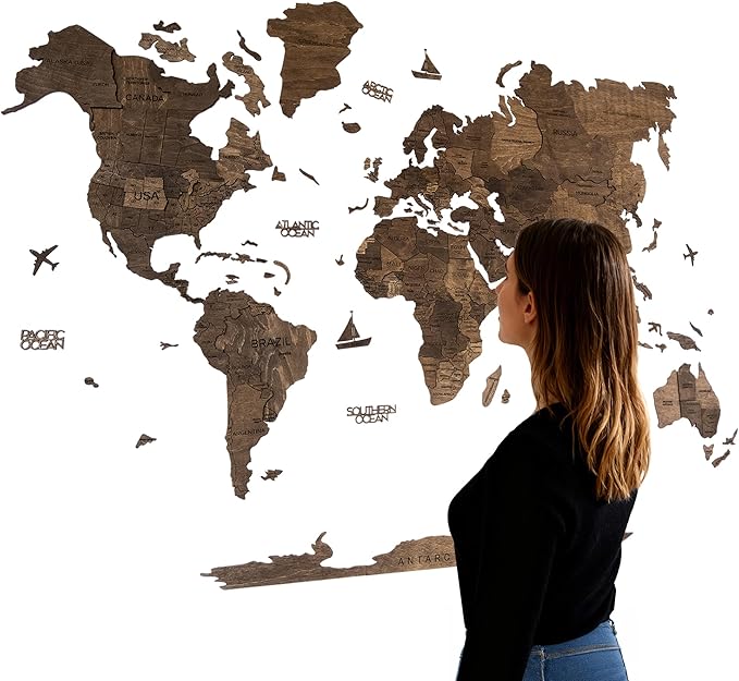 Handmade 3D Wood World Map Wall Art Large Wall Decor Track Your World Travels - Special for Home Kitchen and Office (X-Large Walnut)