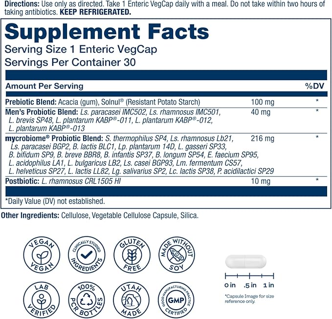 SOLARAY Mycrobiome Complete Probiotic Men's Formula - Pre and Probiotics for Men Plus Postbiotic - Digestive Health and Immune Support - 50 Billion CFU 26 Strains - Vegan - 30 Servings 30 VegCaps