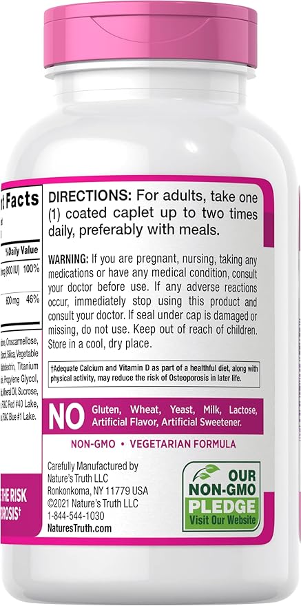 Nature's Truth Calcium 600 mg + D3 Dietary Supplement - 250 Caplets Pack of 2