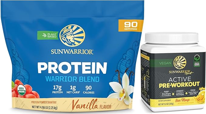 Active Preworkout Hydration Blend &amp Vanilla Organic Plant Based Protein Powder Set | Bundle &amp Save | Non-GMO Soy Dairy Filler &amp Gluten Free (90 Servings Protein 30 Servings Yuzu Mango Pre