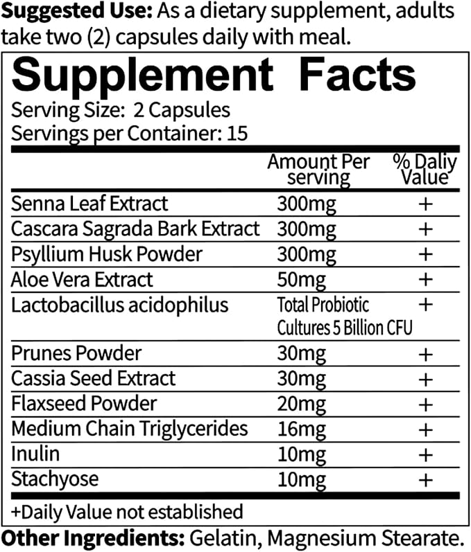AvailNaturals Ultra Gut Daily Cleanse 15 Day Cleanse-with Senna Leaf Extract Cassia Seed 2.5 Billion Probiotics &amp Dietary Fiber30 Capsules
