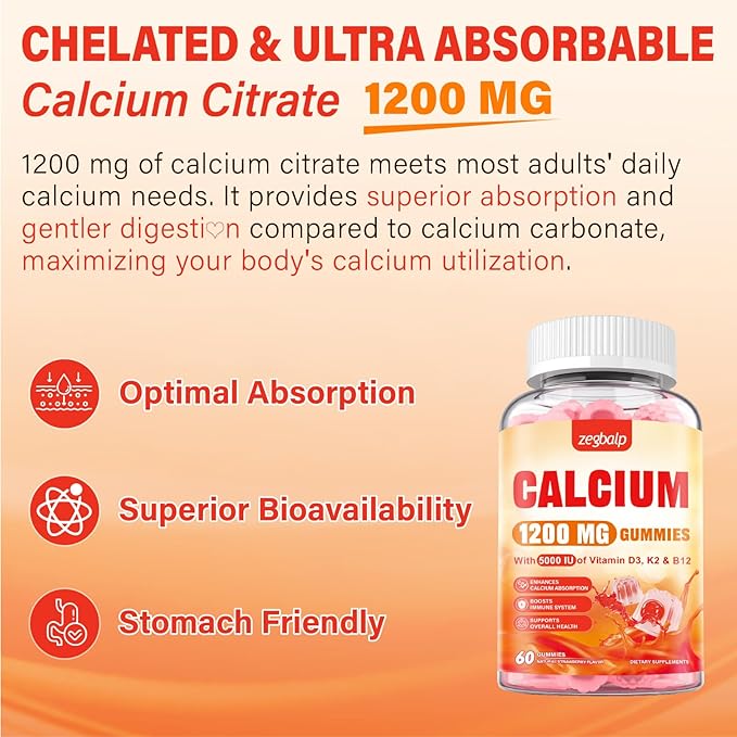 Calcium 1200 mg with Vitamin D3 Supplement for Adults - Calcium Gummies with Vitamin D3 5000IU K2 B12 for Women Men - Extra Absorption Calcium Citrate - Natural Strawberry Flavor 60 Gummies
