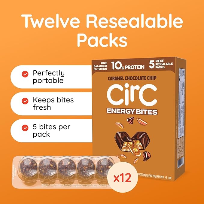 CirC Energy Bites - 12 Pack Caramel Chocolate Chip Gluten Free Protein Balls - 10g Protein Whole Grains Nuts &amp Fruit - Portable Healthy Snacks for Adults &amp Kids 5 Piece Resealable Packs