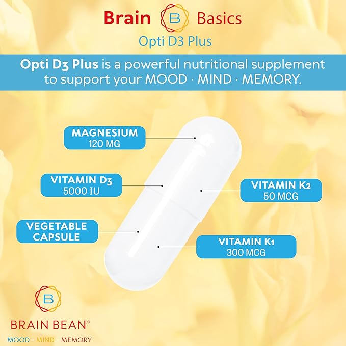 Brain Basic Opti D3 Plus - Vitamin D3 5000 IU with K1 K2 and Magnesium - Brain Support Supplement for Mood Mind Memory - Bone Muscle and Immune Health - Gluten Free Soy Free and Dairy Free