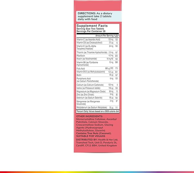 Health &amp Her Multivitamin Supplement for Women Taking Birth Control - Nutrition Support - 1 Month Supply 60 Tablets - Vegan &amp Gluten Free