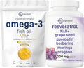 Micro Ingredients Omega-3 Fish Oil 3000mg Softgels &amp Resveratrol NAD Supplements 3000mg Veggie Capsules | 2 Pack | Wild-Caught Burpless Lemon Flavor | Antioxidant Blend with Quercetin &amp Be