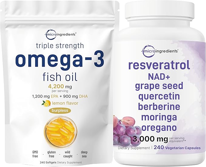 Micro Ingredients Omega-3 Fish Oil 3000mg Softgels &amp Resveratrol NAD Supplements 3000mg Veggie Capsules | 2 Pack | Wild-Caught Burpless Lemon Flavor | Antioxidant Blend with Quercetin &amp Be