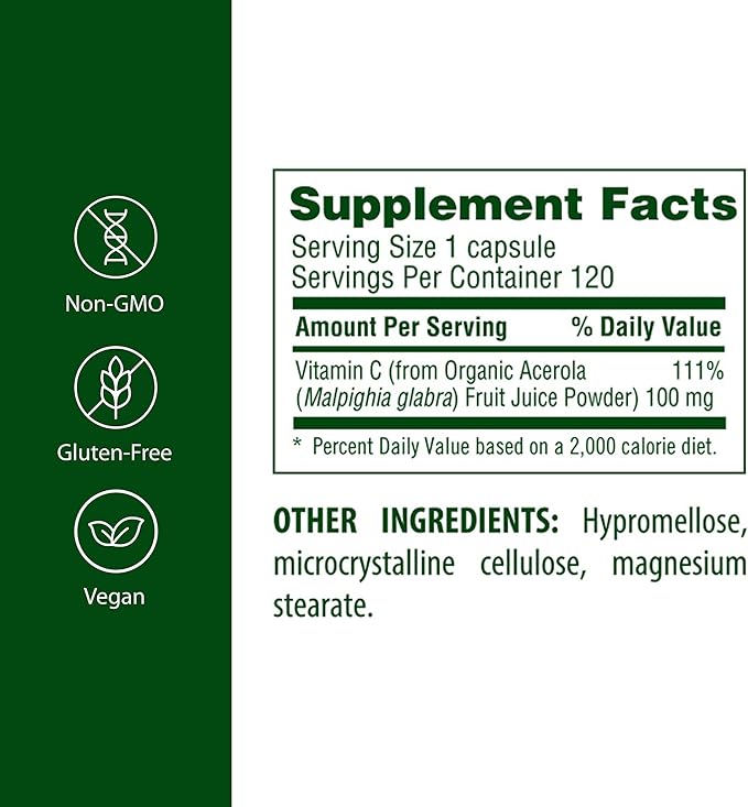 Flora Health Acerola Natural Vitamin C Daily Immune Booster Gluten Free &amp Vegan Antioxidant Powder 120 Vegetarian Capsules Glass Bottle