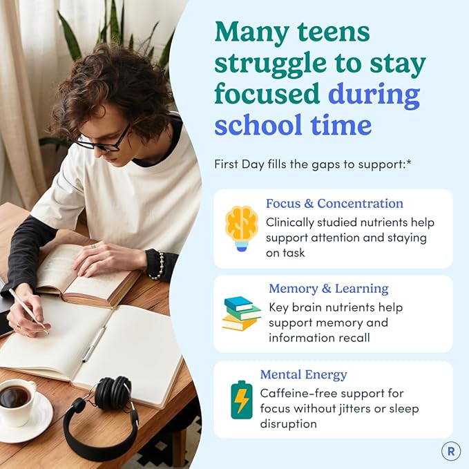 FIRST DAY Teen's Multivitamin Calming Magnesium &amp Brain Focus Gummies | Daily Nutrients Mood &amp Focus | Clean Label Project Verified® | Vegan | 30-Day Supply