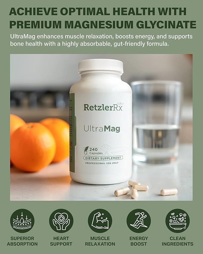 RetzlerRx UltraMag 125 Magnesium Glycinate Supplement - 240 Capsules with Patented TRAACS for Enhanced Absorption - Supports Cardiovascular Health Muscle Function Bone Health &amp Strength