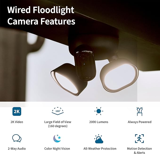 Arlo Wired Floodlight Camera Home Security Camera with 2K Video and HDR 2000 Lumens Integrated Siren Weather-Resistant Color Night Vision 160º Field of View 2-Way Audio Black (2025)