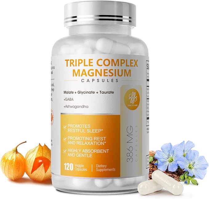 Triple Magnesium Complex - Magnesium Glycinate Taurate &amp Malate Supplement with Omega3 Ashwagandha GABA for Sleep Brain Heart &amp Muscle Support - High Absorption and Gentle Vegan 120 Caps