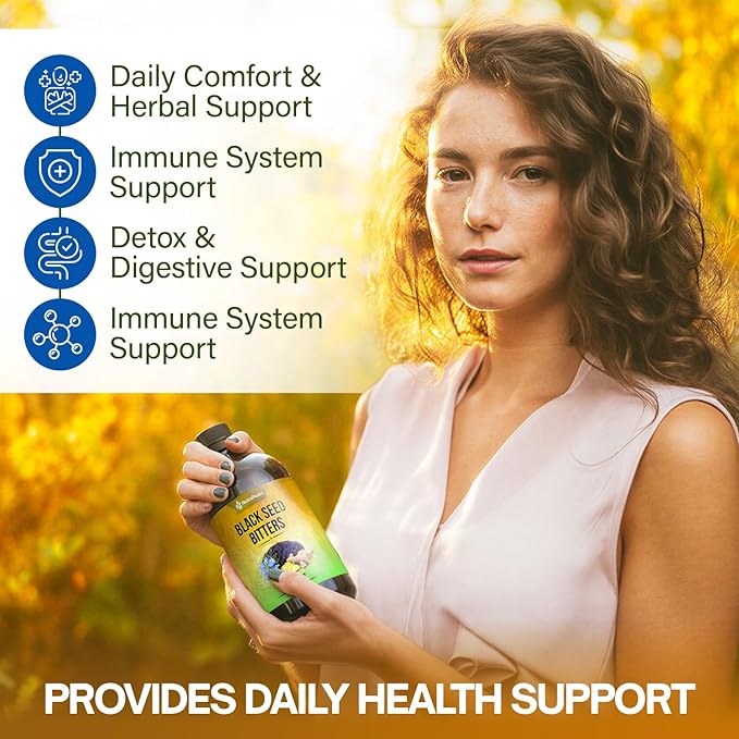 Black Seed Oil Bitters Liquid - Premium Herbal Blend with Black Seed Extract Curcumin (Turmeric Extract) Ashwagandha Elderberry Probiotics Vitamin C Zinc...16 fl oz | Natural Botanical Blend