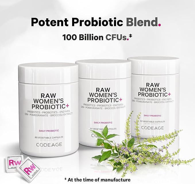 Codeage Raw Women’s Probiotic+ Supplement - 34 Probiotic Strains 100 Billion CFUs Digestive Enzymes Prebiotic Blend DIM Herbal Extracts Phytonutrients - Non-GMO - 30 Capsules