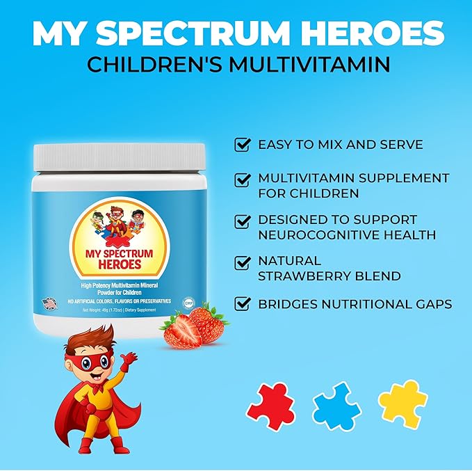 My Spectrum Heroes Kids Powder Multivitamin - Strawberry Powder Supplement Better Absorption Non-GMO Non-Gluten No Artificial Ingredients - Neural Help for Children on The Spectrum - 30 Servings