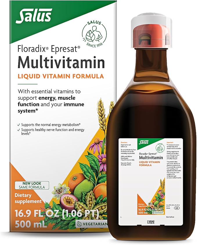 Floradix Epresat Adult Liquid Multivitamin - Herbal Supplement - Daily Supplement with Vitamin A D B6 Milk Thistle &amp More - Supports Energy &amp Liver Health - Vegetarian Non-GMO - 16.9 fl oz
