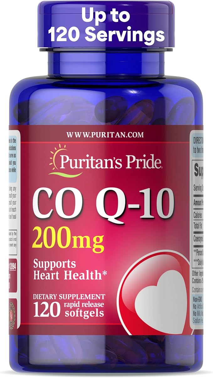 Puritan's Pride Coenzyme CoQ10 200mg Dietary Supplement for Heart Health Blood Pressure Oral Gum Health and Healthy Aging Support 120 Servings Rapid Release Softgels