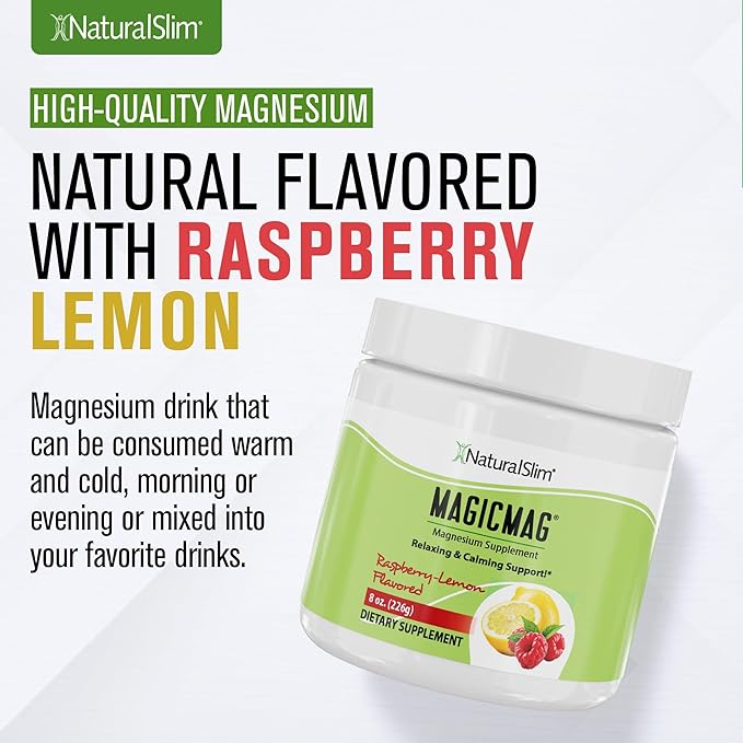 NaturalSlim MagicMag Magnesium Citrate Powder Drink for Relaxation Stress Constipation Better Rest &amp Digestive Health Magnesium Supplement for Women and Men Raspberry Lemon 8oz