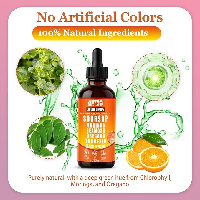 Soursop Bitters Liquid Drops 10 in 1 with Sea Moss Moringa Turmeric Black Seed Oil Oregano Ashwagandha | Herbal Extracts for Overall Health-Enhancing | Vegan Non-GMO | 2 Fl Oz (Orange flavor)