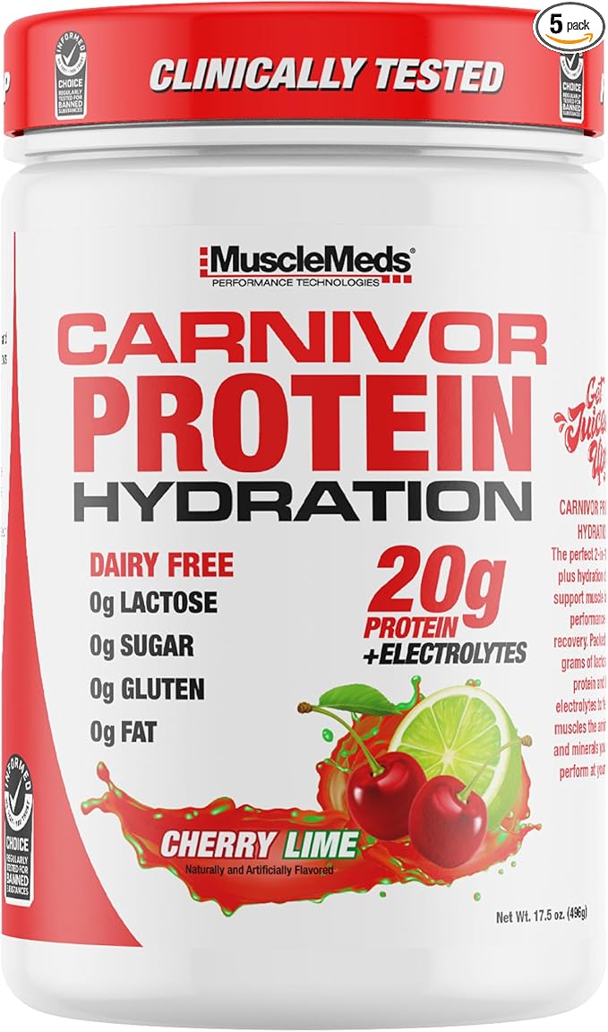 MuscleMeds Carnivor Protein Hydration Drink Powder 20g Refreshing Protein Isolate Lactose Free Sugar Free Electrolytes Muscle Building Recovery Halal Certified Cherry Lime 20 Serve