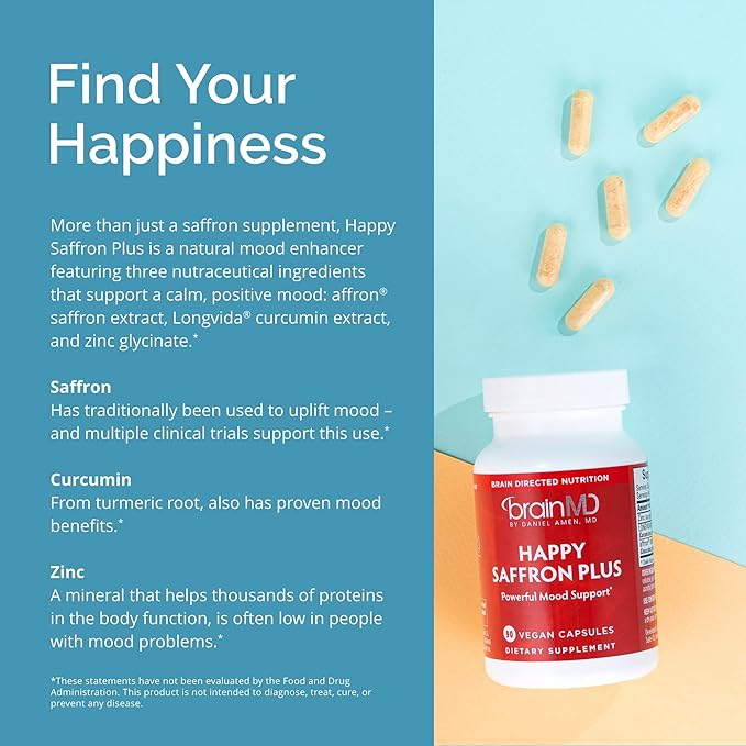 BRAINMD Dr Amen Happy Saffron Plus - 90 Capsules - with Saffron Flower Extract Curcumin &amp Zinc - Vegan Gluten Free - 30 Servings