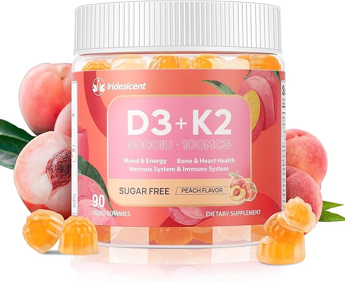 Vitamin D3 K2 Gummies w/Magnesium Sugar Free - 90 Count | D3 Vitamin 5000 IU + K2(MK-7) 100 mcg - Vegan K2 D3 Vitamin Supplement Highly Absorbent Supports Bone Muscle Mood &amp Immune(Peach Flavo