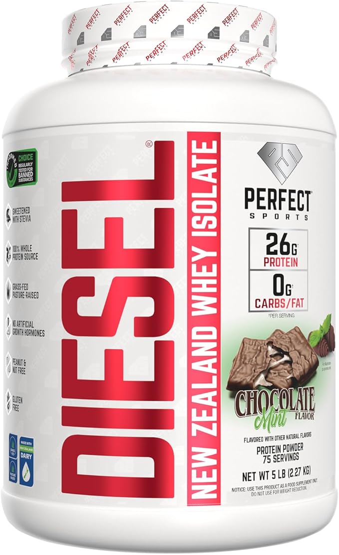 PERFECT SPORTS Diesel 100% New Zealand Whey Protein Isolate | Stevia Sweetened No Artificial Ingredients Keto | 0g Carb 0g Fat 26g Protein | 5 Pounds (Chocolate Mint)