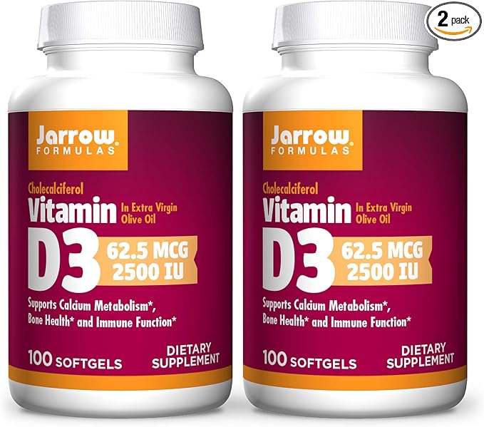 Jarrow Formulas Vitamin D3 2500 IU - 100 Softgels Pack of 2 - Bone Health Immune Function &amp Calcium Metabolism Support - 200 Total Servings