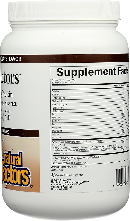 Whey Factors by Natural Factors Grass Fed Whey Protein Concentrate Aids Muscle Development and Immune Health Double Chocolate 12 Oz