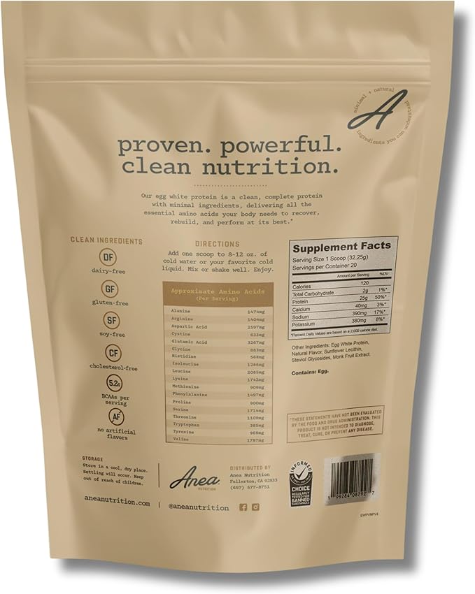 Anea Egg White Protein - Vanilla | 25g Protein | Cholesterol-Free | 5.2g BCAA | Complete Amino Acid Profile | Dairy-Free Gluten-Free Soy-Free | Smooth Vanilla Flavor | Made in GMP Facility