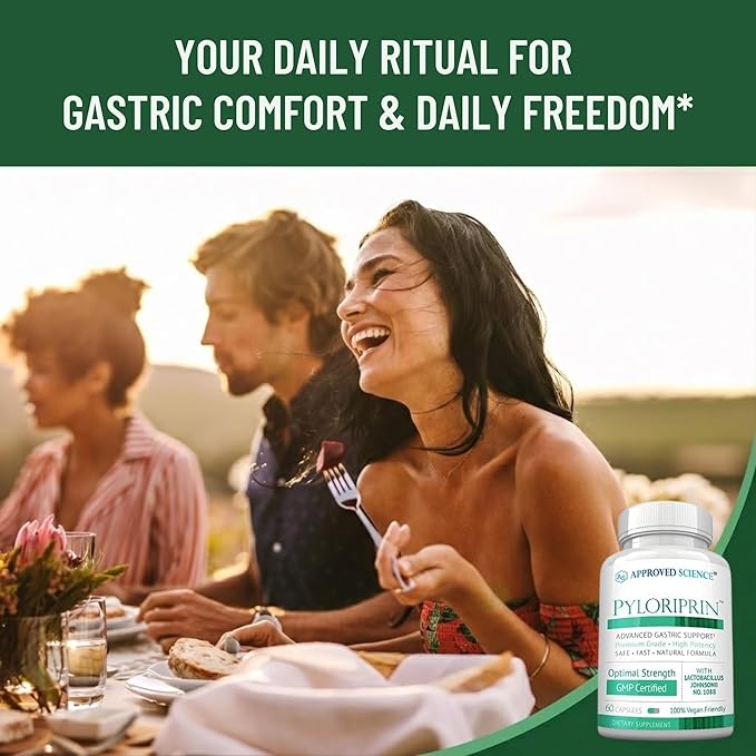 Approved Science Pyloriprin - Advanced Digestive Support for A Healthy Stomach - Zinc L-Carnosine Probiotic Broccoli Sprout Deglycyrrhized Licorice - 180 Capsules - Three Month Supply - Vegan