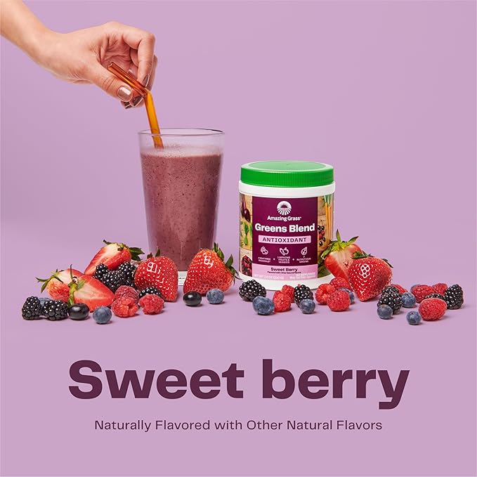 Amazing Grass Greens Superfood Antioxidant: Greens Powder with Organic Spirulina Beet Root Powder Elderberry &amp Probiotics Sweet Berry 60 Servings (Packaging May Vary)