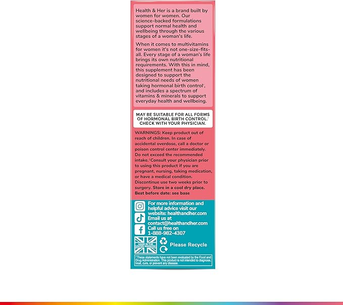 Health &amp Her Multivitamin Supplement for Women Taking Birth Control - Nutrition Support - 1 Month Supply 60 Tablets - Vegan &amp Gluten Free