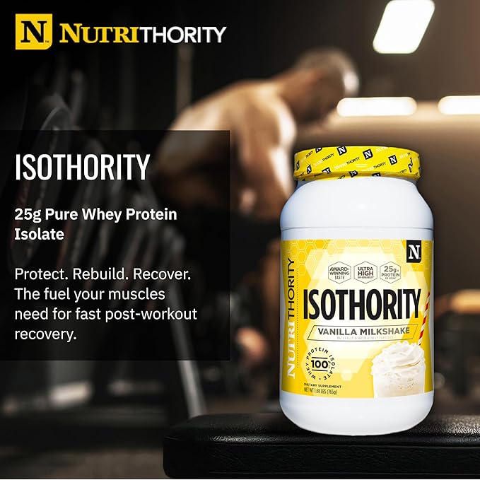 Nutrithority - Isothority Isolated Whey Protein Powder with Ultra-Absorbable Protein and BCAAs to Build Muscle and Accelerate Recovery Keto Friendly Low Carbs Gluten Free (Vanilla Milkshake)