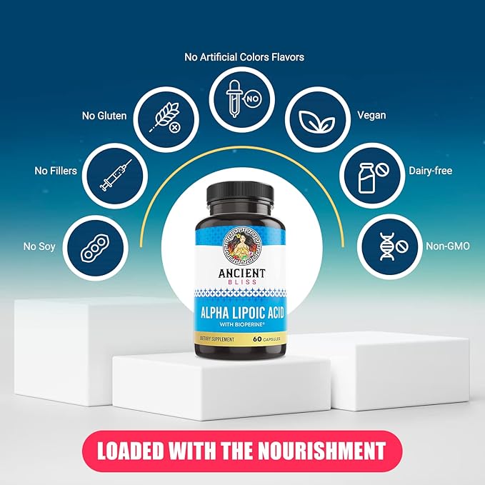 Ancient Bliss Alpha Lipoic Acid Supplement Antioxidant and Energy Support ALA Supplement with Bioperine No Gluten and Soy 600mg per Serving 60 Vegan Capsules