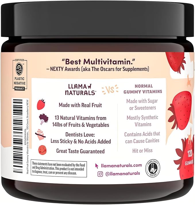 Llama Naturals Multivitamin for Women Vegan Organic Gummies with Vitamin D C and K Women's Real Fruit Gummy Vitamins Chewable Multivitamin Supplement No Added Sugar Cane Strawberry 120 Ct
