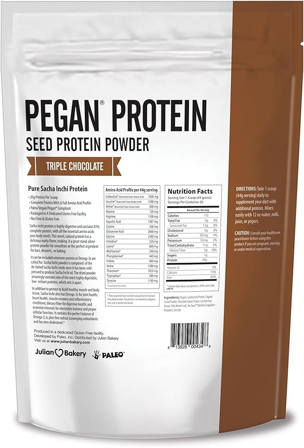 Julian Bakery Pegan Thin Protein Powder | Triple Chocolate | Organic Sacha Inchi Protein | 20g Protein | 6 Net Carbs | 2 LBS | 20 Servings