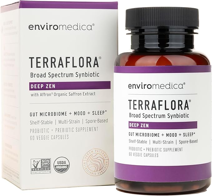 Enviromedica Terraflora Deep Zen Synbiotic - Spore Based Probiotics and Prebiotics for Gut Health &amp Mood Support Organic Soil Based Probiotic Supplement for Men and Women 60 Capsules